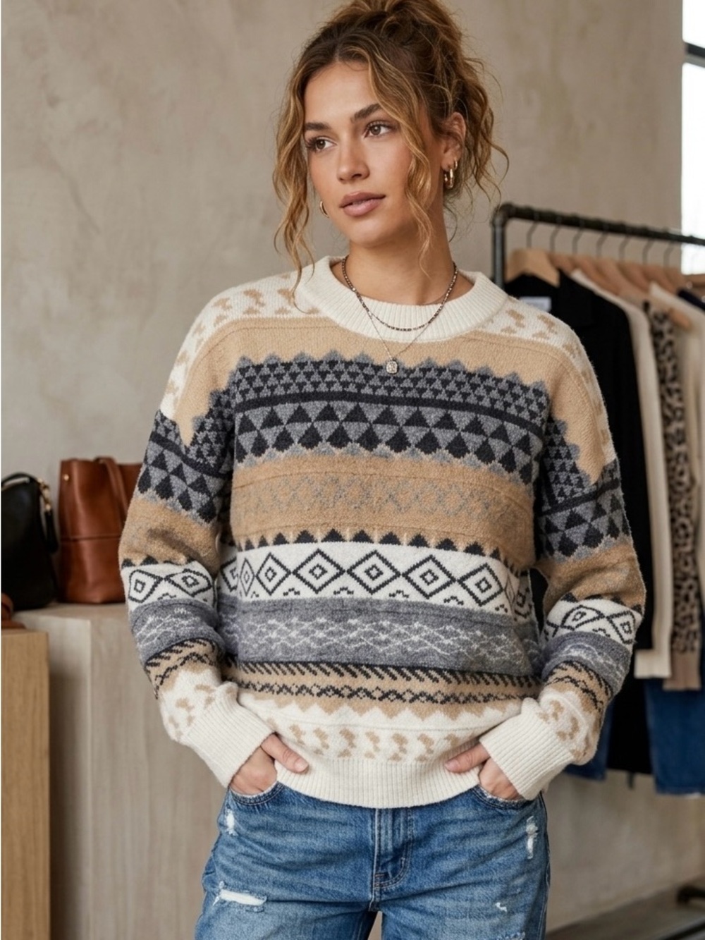 Cozy Patterned Knit Sweater in Cream, Tan & Gray